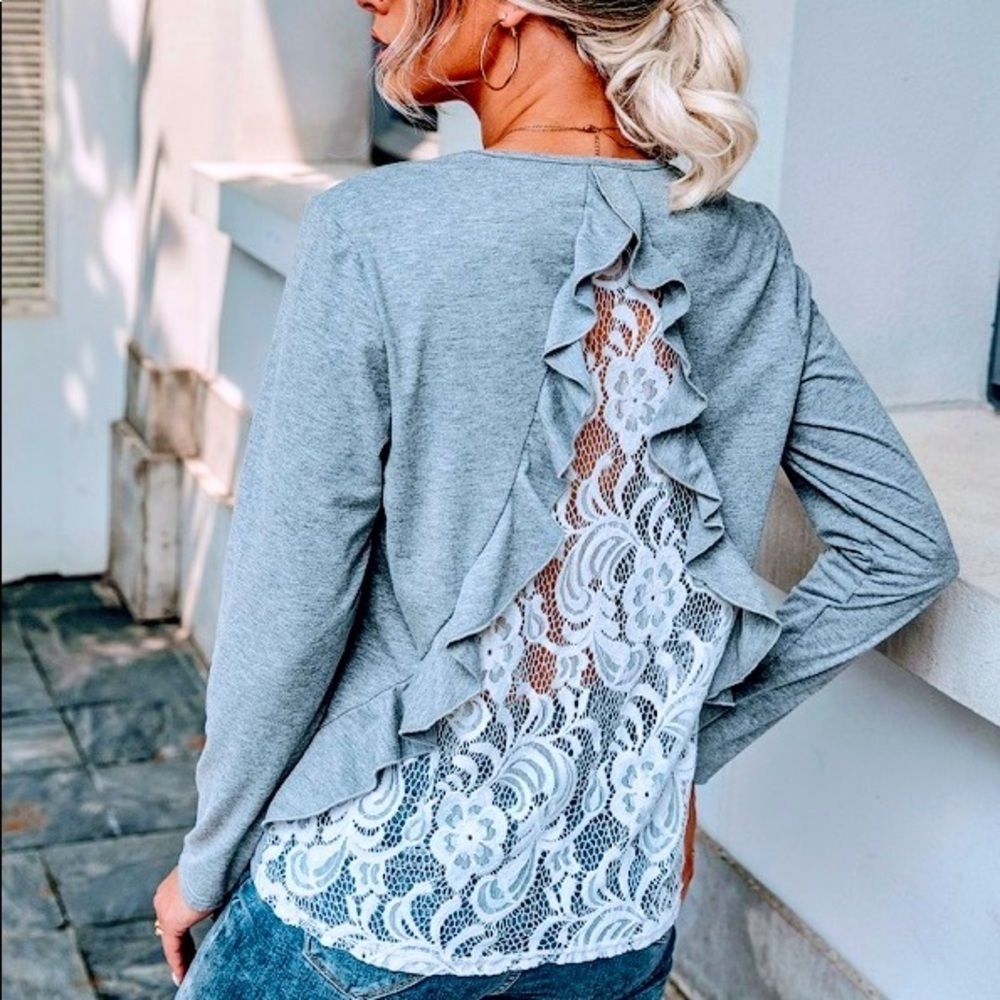 NWT! CONTRAST LACE INSERT RUFFLE TRIM TEE! - Picture 8 of 12